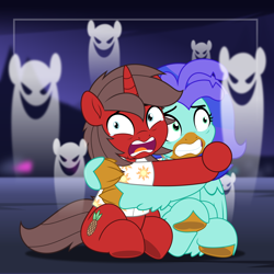 Size: 5000x5000 | Tagged: safe, artist:jhayarr23, derpibooru import, oc, oc only, oc:ironyoshi, oc:sea lilly, classical hippogriff, ghost, hippogriff, undead, unicorn, clothes, commission, halloween, holding each other, holiday, horn, scared, shirt, ych result