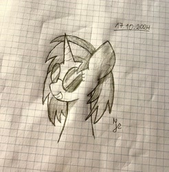 Size: 2639x2677 | Tagged: safe, artist:japkozjad, derpibooru import, dj pon-3, vinyl scratch, unicorn, bust, drawing, glasses, graph paper, horn, monochrome, portrait, sketch, smiling, solo, traditional art