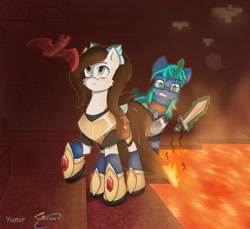 Size: 1482x1359 | Tagged: safe, artist:yumir, derpibooru import, oc, oc:jay_prime, oc:zirra, pegasus, pony, unicorn, armor, bag, burning, duo, floating sword, glasses, glowing, glowing horn, hell, horn, minecraft, minecraft adventures