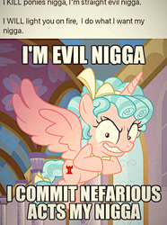 Size: 687x921 | Tagged: safe, derpibooru import, edit, edited screencap, screencap, cozy glow, alicorn, pony, g4, the ending of the end, caption, faic, meme, more jpeg please waiter, needs more jpeg, nigga, pure concentrated unfiltered evil of the utmost potency, pure unfiltered evil, slur, solo, text, vulgar