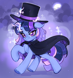 Size: 1948x2092 | Tagged: safe, artist:nilu, derpibooru import, oc, oc:flawless sparklemoon, unicorn, abstract background, cloak, clothes, commission, fusion, fusion:trixie, fusion:twilight sparkle, fusion:twixie, hat, horn, looking forward, magician outfit, my little pony the movie: the death of twilight sparkle, smiling, smirk, solo, top hat