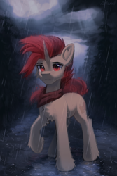 Size: 2000x3000 | Tagged: safe, artist:anku, derpibooru import, oc, oc:selest light, unicorn, chest fluff, horn, looking at you, male, neckerchief, red eyes, red hair, solo