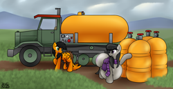 Size: 2880x1488 | Tagged: safe, artist:the-furry-railfan, derpibooru import, octavia melody, oc, oc:twintails, earth pony, pegasus, pony, g4, air tank, bag, belly, big belly, butt, butt expansion, clothes, cloud, cloudy, duo, grass, grass field, growth, half-track, huge belly, huge butt, impossibly large belly, impossibly large butt, inflatable, inflatia, inflation, large butt, mountain, mountain range, overcast, p 235, saddle bag, scarf, squishy, striped scarf, tanker truck, treblebutt, truck, wide hips, wings