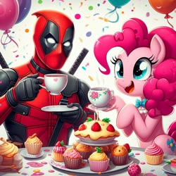 Size: 1024x1024 | Tagged: safe, ai content, derpibooru import, machine learning generated, pinkie pie, earth pony, human, g4, cup, cupcake, deadpool, duo, female, food, marvel, prompter:bluey2309, superhero, tea party, teacup