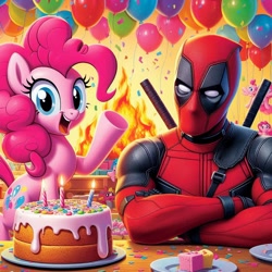 Size: 1024x1024 | Tagged: safe, ai content, derpibooru import, machine learning generated, pinkie pie, earth pony, human, balloon, birthday cake, birthday party, cake, deadpool, duo, female, food, happy birthday, male, marvel, marvel comics, party, prompter:bluey2309