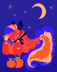 Size: 1244x1559 | Tagged: safe, artist:peachpaws0, derpibooru import, g3, animal costume, bell, bow, cat costume, clothes, costume, freckles, halloween, halloween costume, holiday, mlp fim's fourteenth anniversary, moon, orange mane, pumpkin, pumpkin tart, purple background, purple mane, simple background, solo, stars, whiskers, yellow mane