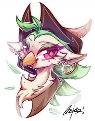 Size: 1024x1300 | Tagged: safe, artist:alunarlen, derpibooru import, captain celaeno, anthro, bird, parrot, bust, ornithian, simple background, smiling, solo, white background