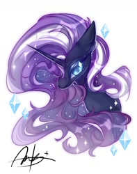 Size: 1024x1300 | Tagged: safe, artist:alunarlen, derpibooru import, nightmare rarity, pony, unicorn, g4, bust, female, horn, mare, simple background, solo, white background