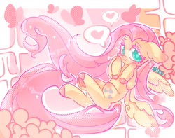 Size: 1300x1024 | Tagged: safe, artist:alunarlen, derpibooru import, fluttershy, pegasus, pony, g4, abstract background, cute, female, heart, mare, shyabetes, smiling, solo, speech bubble