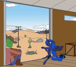 Size: 1812x1608 | Tagged: safe, derpibooru import, princess luna, oc, oc:anon, alicorn, human, pony, bag, blushing, boxcar, cactus, cowboy hat, crate, crown, desert, guitar, harmonica, hat, jewelry, looking at each other, looking at someone, musical instrument, playing instrument, regalia, relaxing, saddle bag, train, travelling