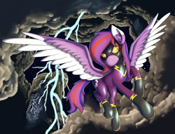 Size: 7924x6065 | Tagged: safe, artist:al solae, derpibooru import, oc, oc only, oc:chromatic melody, pegasus, pony, clothes, cloud, costume, flying, goggles, latex, latex suit, lightning, shadowbolts, shadowbolts costume, shadowbolts uniform, solo, stars, storm