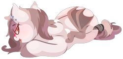 Size: 1243x600 | Tagged: safe, artist:rhythmpixel, derpibooru import, oc, oc only, oc:espresso notes, bat pony, bat pony oc, blushing, butt grab, butt touch, grope, lineless, looking at you, lying down, simple background, solo, tail, tail wrap, transparent background, wing hands, wings