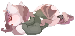 Size: 1243x600 | Tagged: safe, alternate version, artist:rhythmpixel, derpibooru import, oc, oc only, oc:espresso notes, bat pony, bat pony oc, butt grab, butt touch, clothes, female, grope, hoodie, lineless, lying down, mare, simple background, solo, tail, tail wrap, transparent background