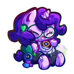 Size: 2728x2728 | Tagged: safe, artist:endercatcore, derpibooru import, oc, oc only, oc:artshine aura, original species, pony, unicorn, glasses, gradient lineart, horn, hug, nonbinary oc, plush pony, plushie, ponysona, portal (valve), portal 2, portal cores, simple background, sitting, solo, transparent background, unicorn oc, watermark