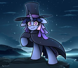 Size: 2400x2100 | Tagged: safe, artist:rejiser, derpibooru import, oc, oc:flawless sparklemoon, unicorn, cloak, clothes, commission, detailed background, fusion, fusion:trixie, fusion:twilight sparkle, fusion:twixie, hat, horn, looking forward, magician outfit, my little pony the movie: the death of twilight sparkle, raised leg, smiling, solo, standing, starry eyes, top hat, wide eyes, wingding eyes