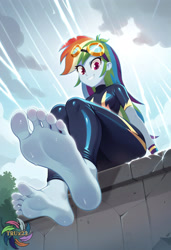 Size: 2496x3648 | Tagged: safe, ai content, derpibooru import, machine learning generated, rainbow dash, pony, g4, feet, female, fetish, foot fetish, generator:civitai, goggles, goggles on head, looking at you, low angle, prompter:trux23, rain, sitting, soles, solo, solo female, storm, toes, wet