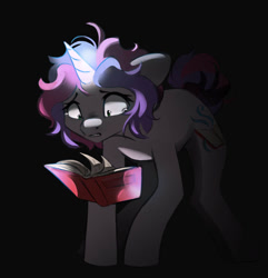 Size: 933x967 | Tagged: safe, artist:melodylibris, derpibooru import, oc, oc:melody (melodylibris), pony, unicorn, black background, book, female, glowing, glowing horn, horn, levitation, magic, mare, simple background, solo, teary eyes, telekinesis