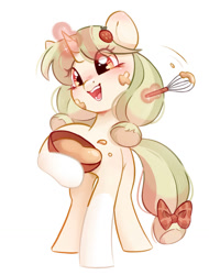 Size: 972x1280 | Tagged: safe, artist:melodylibris, derpibooru import, oc, oc only, pony, unicorn, art trade, batter, bow, bowl, cute, eye clipping through hair, female, food, glowing, glowing horn, hoof hold, horn, levitation, magic, mare, mixing bowl, ocbetes, open mouth, open smile, simple background, smiling, solo, tail, tail bow, telekinesis, whisk, white background