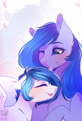 Size: 1686x2500 | Tagged: safe, artist:bambudess, derpibooru import, oc, oc only, oc:jewel blue, oc:shadow blue, earth pony, pegasus, pony, blushing, ear pull, female, mare, mother and child, mouth hold, one eye closed, parent and child