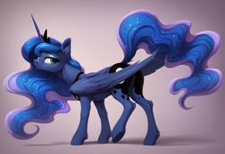 Size: 1216x832 | Tagged: safe, ai content, derpibooru import, machine learning generated, princess luna, alicorn, pony, g4, anonymous prompter, ear fluff, ears, feathered wings, female, gradient background, mare, raised tail, side view, solo, tail, wings