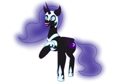 Size: 3900x2500 | Tagged: safe, artist:nismorose, derpibooru import, nightmare moon, alicorn, pony, g4, armor, cheek fluff, chest fluff, ear fluff, ears, ethereal mane, ethereal tail, horn, long horn, mlp fim's fourteenth anniversary, sharp teeth, simple background, slit eyes, solo, starry mane, starry tail, tail, teeth, transparent background, wings