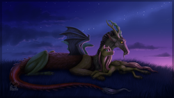 Size: 1600x900 | Tagged: safe, artist:afialtis, derpibooru import, discord, fluttershy, draconequus, pegasus, pony, g4, duo, duo male and female, female, lying down, male, mare, prone, spread wings, sunset, wings