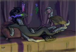 Size: 1280x869 | Tagged: safe, artist:afialtis, derpibooru import, king sombra, radiant hope, pony, unicorn, g4, bed, cloak, clothes, concave belly, curved horn, duo, female, food, grapes, hoof shoes, horn, magic, male, mare, reclining, slender, sombra eyes, stallion, telekinesis, thin