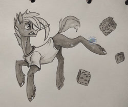 Size: 1920x1602 | Tagged: safe, artist:afialtis, derpibooru import, button mash, earth pony, pony, g4, black and white, clothes, concave belly, don't mine at night, grass block, grayscale, male, minecraft, monochrome, mouth hold, ore, pickaxe, shirt, simple background, solo, sternocleidomastoid, t-shirt, thin, traditional art, white background, wood block