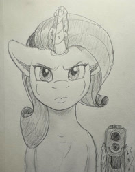 Size: 2399x3043 | Tagged: safe, artist:shirotanuki, derpibooru import, rarity, pony, unicorn, g4, collarbone, glock, gun, handgun, horn, humanoid torso, pistol, pouting, solo, traditional art, weapon