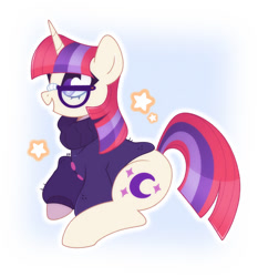 Size: 1400x1500 | Tagged: safe, artist:vivian reed, derpibooru import, moondancer, pony, unicorn, g4, clothes, cute, dancerbetes, female, glasses, happy, horn, mare, open mouth, open smile, smiling, solo, stars, sweater