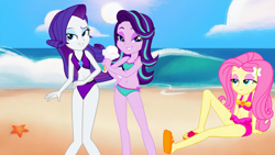 Size: 3000x1688 | Tagged: safe, artist:rosasmitt, derpibooru import, fluttershy, rarity, starlight glimmer, human, equestria girls, g4, beach, bikini, caption, charming, clothes, hot, image macro, seductive, sexy, spoilers for another series, swimsuit, swimsuit swap, text