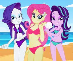 Size: 1138x944 | Tagged: safe, artist:rosasmitt, derpibooru import, fluttershy, rarity, starlight glimmer, human, equestria girls, g4, beach, bikini, caption, charming, clothes, hot, image macro, seductive, sexy, spoilers for another series, swimsuit, text