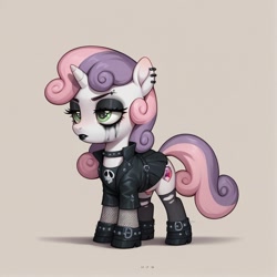 Size: 1080x1080 | Tagged: safe, ai content, derpibooru import, machine learning generated, sweetie belle, unicorn, g4, belts, black lipstick, choker, clothes, ear piercing, eyelashes, eyeliner, female, filly, foal, generator:autismmix pony, goth, gothic lolita, heavy makeup, horn, lipstick, lolita fashion, makeup, mascara, piercing, prompter:mareujuana, ripped stockings, running makeup, skirt, stockings, thigh highs, torn clothes