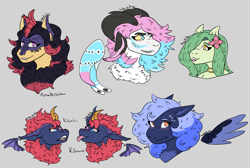 Size: 3049x2052 | Tagged: safe, artist:hiddenfaithy, derpibooru import, oc, oc only, oc:amaterasu, oc:curio, oc:keahi, oc:konane, oc:lamey, oc:syren, bat pony, draconequus, hybrid, kirin, lamia, original species, blushing, bust, clothes, commission, flats, shoes, siblings, simple background, sketch, twins