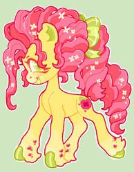 Size: 749x966 | Tagged: safe, artist:norbiester, derpibooru import, earth pony, pony, g3, alternate hair color, blush lines, blushing, coat markings, colored eyelashes, colored hooves, colored pinnae, concave belly, cute, female, fetlock tuft, flower, flower in hair, flower in tail, g3betes, green background, green hooves, green mouth, green pupils, hooves, looking at you, mare, messy mane, not li'l cheese, not red roses, open mouth, open smile, ponytail, raised hoof, raised leg, red eyelashes, redesign, royal bouquet, shiny hooves, simple background, smiling, socks (coat marking), standing on three hooves, tail