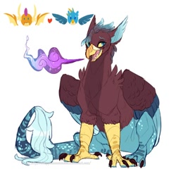 Size: 564x564 | Tagged: safe, artist:sleepydemonmonster, derpibooru import, gallus, smolder, oc, oc:galavant, dragon, griffon, hybrid, g4, female, griffon oc, hybrid oc, interspecies offspring, male, offspring, parent:gallus, parent:smolder, parents:smollus, shipping, simple background, smollus, solo, straight, white background