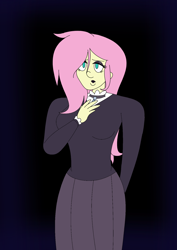 Size: 1200x1698 | Tagged: safe, artist:jazzystarlover, derpibooru import, fluttershy, human, g4, clothes, dress, fluttergoth, gradient background, humanized, makeup, solo