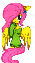 Size: 828x1488 | Tagged: safe, artist:fleiiha, derpibooru import, fluttershy, anthro, pegasus, g4, clothes, cute, female, hoodie, shyabetes, solo, traditional art