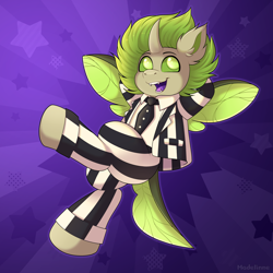 Size: 2700x2700 | Tagged: safe, artist:madelinne, derpibooru import, oc, oc only, oc:copycat, abstract background, beetlejuice, clothes, cosplay, costume, happy, male, solo, stallion