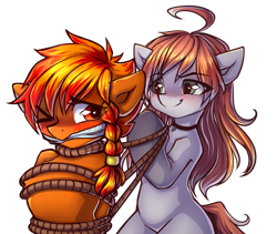 Size: 4164x3508 | Tagged: oc name needed, safe, alternate version, artist:chaosangeldesu, derpibooru import, oc, oc only, oc:flaming hoof, earth pony, pegasus, pony, blushing, bondage, braid, commission, duo, duo female, female, gag, one eye closed, rope, rope bondage, simple background, sketch, transparent background