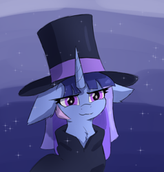 Size: 1684x1772 | Tagged: safe, artist:naza, derpibooru import, oc, oc only, oc:flawless sparklemoon, pony, unicorn, cloak, clothes, evil smile, female, fusion, fusion:trixie, fusion:twilight sparkle, fusion:twixie, hat, horn, looking at you, magician outfit, my little pony the movie: the death of twilight sparkle, smiling, solo, starry background, starry eyes, striped background, top hat, unicorn oc, wingding eyes