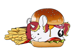 Size: 2168x1430 | Tagged: safe, artist:aliceg, derpibooru import, oc, oc only, oc:lazy sunday, pony, unicorn, burger, commission, food, horn, silly, simple background, solo, transparent background, ych result