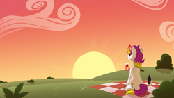 Size: 3500x1969 | Tagged: safe, artist:nika-rain, derpibooru import, oc, oc only, oc:exo inforno, pony, unicorn, alcohol, bottle, glass, horn, picnic blanket, pony oc, solo, summer, sunset, unicorn oc, vector, wine, wine bottle, wine glass