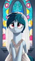 Size: 1920x3360 | Tagged: safe, ai content, derpibooru import, generator:stable diffusion, machine learning generated, oc, oc only, oc:delta vee, pegasus, pony, g4, bipedal, cathedral, clothes, cowboy shot, cute, dress, female, generator:autismmix pony, heart, high res, indoors, lidded eyes, mare, marriage, pegasus oc, prompter needed, smiling, solo, stained glass, upper body, veil, wedding, wedding dress, wedding veil, window, younger