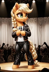 Size: 800x1169 | Tagged: safe, ai content, derpibooru import, generator:pony diffusion v6 xl, generator:stable diffusion, machine learning generated, applejack, pony, semi-anthro, g4, 8 mile, bipedal, braid, clothes, crowd, female, indoors, jacket, leather, leather jacket, leather pants, mare, microphone, pants, prompter:gregorymars, rap battle, solo, stage, standing