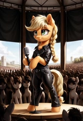 Size: 800x1169 | Tagged: safe, ai content, derpibooru import, generator:pony diffusion v6 xl, generator:stable diffusion, machine learning generated, applejack, pony, semi-anthro, g4, 8 mile, bipedal, braid, clothes, crowd, female, indoors, jacket, leather, leather jacket, leather pants, mare, microphone, pants, prompter:gregorymars, rap battle, solo, stage, standing