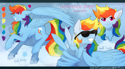 Size: 2700x1500 | Tagged: safe, artist:sinrinf, derpibooru import, rainbow dash, pegasus, pony, g4, alternate design, alternate hairstyle, color palette, female, flying, mare, peace sign, reference sheet, solo, sunglasses, wing hands, wings