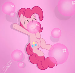 Size: 900x878 | Tagged: dead source, safe, artist:mlpfim135, derpibooru import, pinkie pie, earth pony, pony, g4, blowing bubblegum, bubblegum, cute, diapinkes, food, gradient background, gum, solo