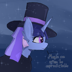 Size: 1920x1902 | Tagged: safe, artist:naza, derpibooru import, oc, oc:flawless sparklemoon, pony, unicorn, cloak, clothes, fusion, fusion:trixie, fusion:twilight sparkle, fusion:twixie, hat, horn, looking forward, magician outfit, my little pony the movie: the death of twilight sparkle, solo, text, top hat