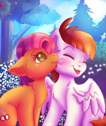 Size: 1505x1789 | Tagged: safe, alternate version, artist:zobaloba, derpibooru import, babs seed, featherweight, earth pony, pegasus, pony, g4, apple, apple tree, blushing, brown hair, brown mane, couple, cute, eyes closed, female, forest, freckles, green eyes, licking, love, male, mare, nature, older, older babs seed, older featherweight, red hair, romantic, ship:featherseed, shipping, sitting, smiling, stallion, straight, tongue, tongue out, tree, wholesome, wings